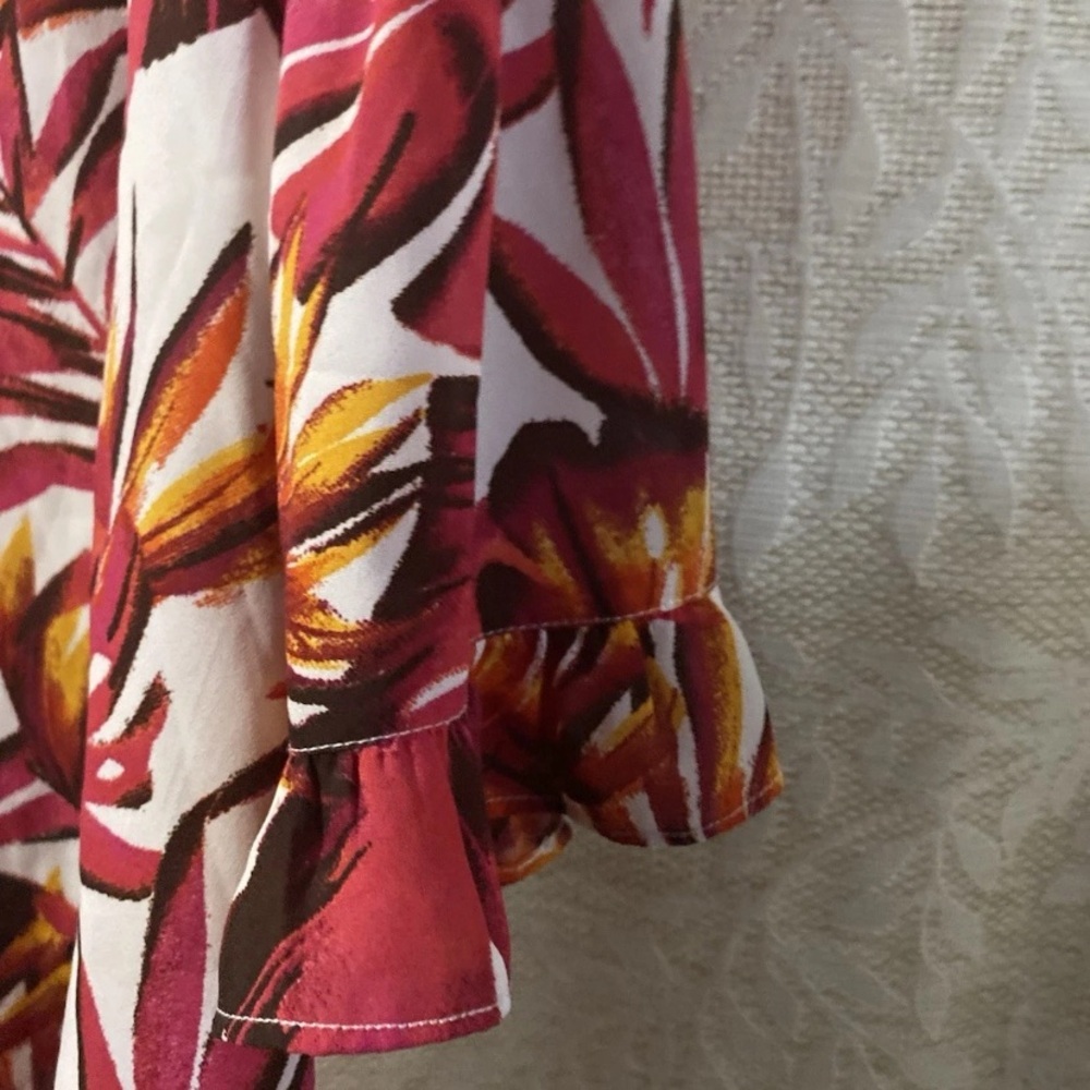 Jessica London Burgundy and Gold Tropical Ruffle Sleeve Blouse - Picture 4 of 7